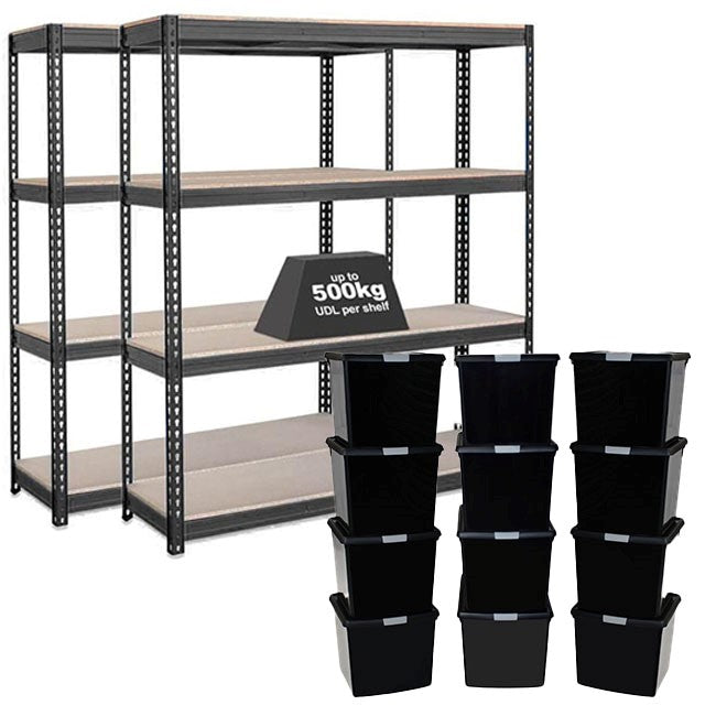 2x CRW Heavy Duty Shelving - 1800mm High - Grey with 12x 37L Wham DIY Plastic Storage Boxes