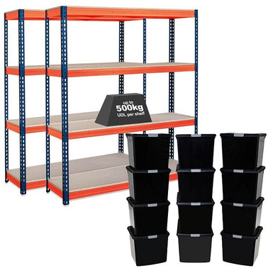 2x CRW Heavy Duty Shelving - 1600mm High - Blue & Orange with 12x 37L Wham DIY Plastic Storage Boxes