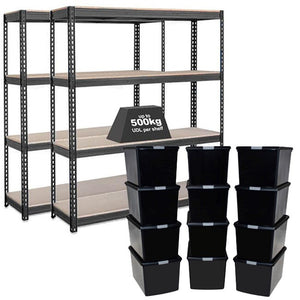 2x CRW Heavy Duty Shelving - 2000mm High - Grey with 12x 62L Wham DIY Plastic Storage Boxes