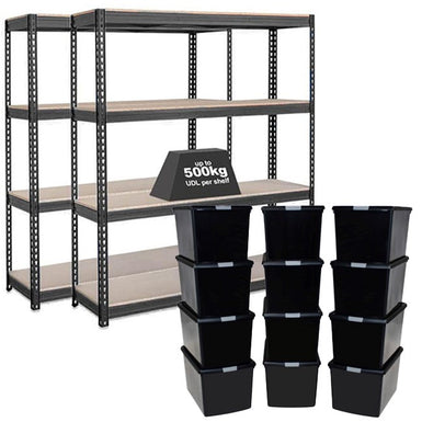 2x CRW Heavy Duty Shelving - 1600mm High - Grey with 12x 62L Wham DIY Plastic Storage Boxes