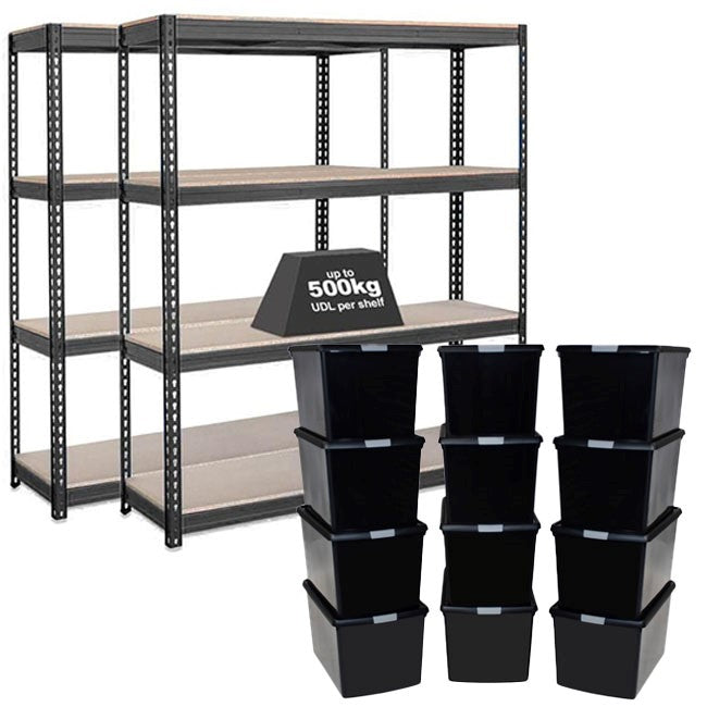 2x CRW Heavy Duty Shelving - 2000mm High - Grey with 12x 62L Wham DIY Plastic Storage Boxes