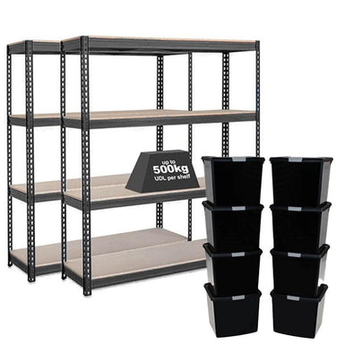 2x CRW Heavy Duty Shelving - 1600mm High - Grey with 8x 37L Wham DIY Plastic Storage Boxes