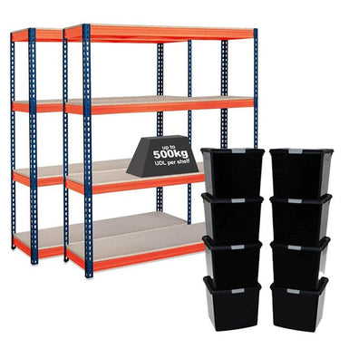 2x CRW Heavy Duty Shelving - 1600mm High - Blue & Orange with 8x 37L Wham DIY Plastic Storage Boxes