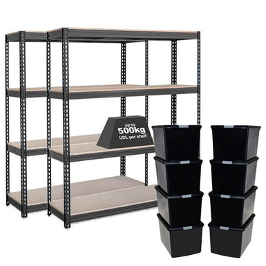 2x CRW Heavy Duty Shelving - 1600mm High - Grey with 8x 62L Wham DIY Plastic Storage Boxes