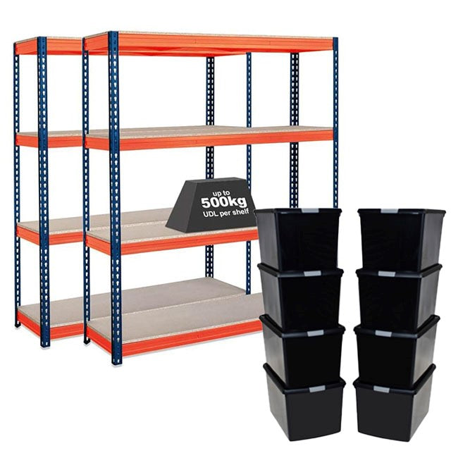 2x Storalex CRW Heavy Duty Shelving 1800mm High Blue/Orange with 8x 62L ...