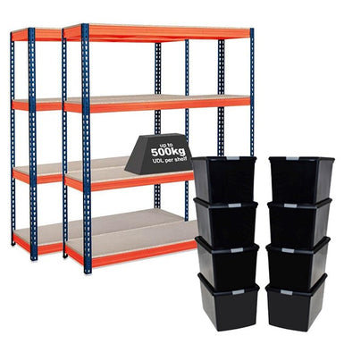 2x CRW Heavy Duty Shelving - 1600mm High - Blue & Orange with 8x 62L Wham DIY Plastic Storage Boxes