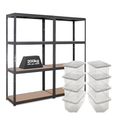 2x VRS Shelving Unit - 1600mm High - Grey with 8x 60L Wham Plastic Storage Boxes