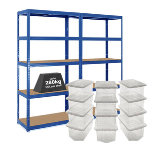 2x VRS Shelving Unit - 1800mm High - Blue with 12x 60L Wham Plastic Storage Boxes