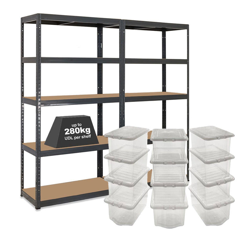 2x VRS Shelving Unit - 2130mm High - Grey with 12x 60L Wham Plastic Storage Boxes