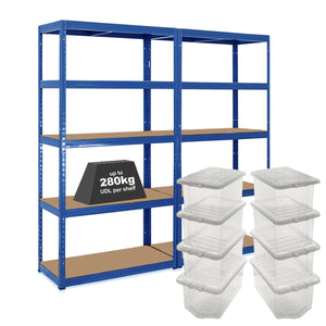 2x VRS Shelving Unit - 1800mm High - Blue with 8x 60L Wham Plastic Storage Boxes