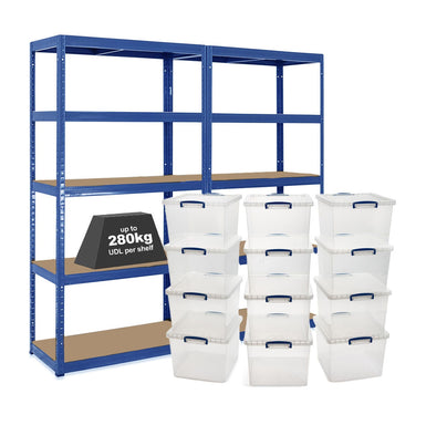 2x VRS Shelving Units - 2130mm High - Blue with 12x 33.5L Really Useful Boxes