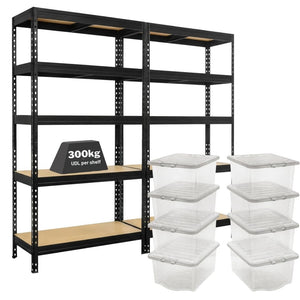 2x MSR Shelving Units - 1800mm High - Black with 8x 60L Wham Plastic Storage Boxes