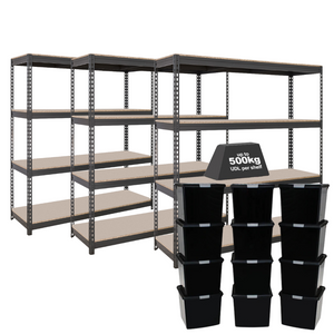 3x CRW Heavy Duty Shelving - 1600mm High - Grey with 12x 37L Wham DIY Plastic Storage Boxes