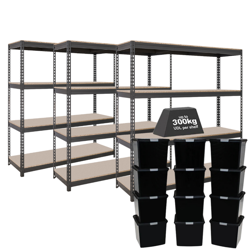 3x CRW Heavy Duty Shelving - 2200mm High - Grey with 12x 37L Wham DIY Plastic Storage Boxes
