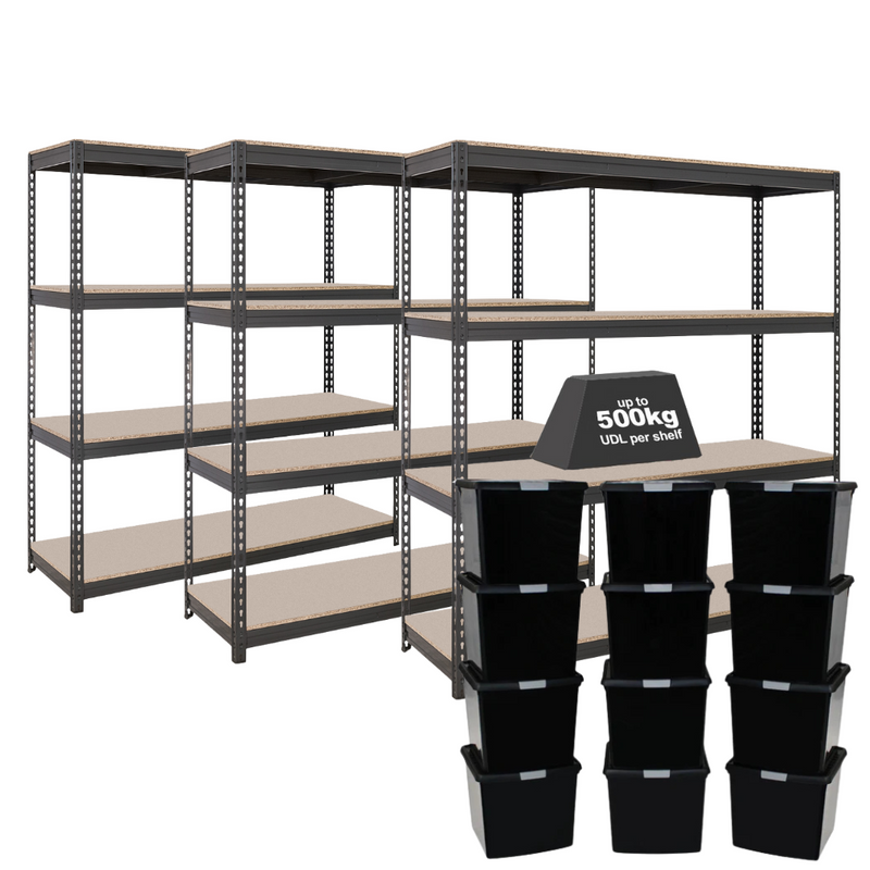 3x CRW Heavy Duty Shelving - 2200mm High - Grey with 12x 37L Wham DIY Plastic Storage Boxes