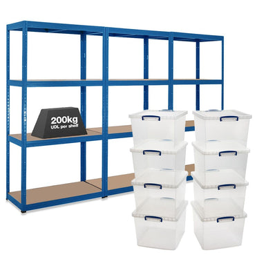 3x VRS Shelving Units - 1600mm High - Blue with 8x 33.5L Really Useful Boxes
