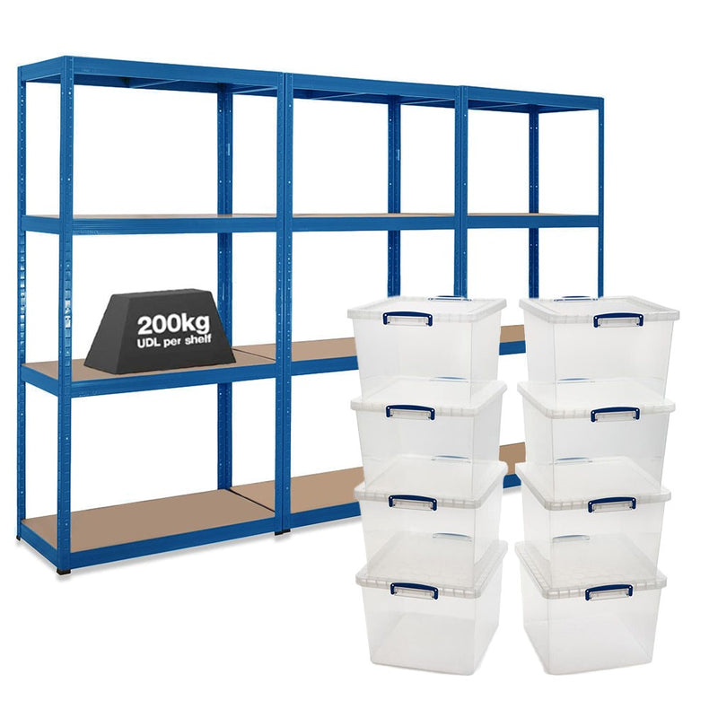 3x VRS Shelving Units - 1600mm High - Blue with 8x 33.5L Really Useful Boxes