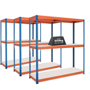 3x SX800 Industrial Shelving - 2440mm High - 800kg - Melamine - Blue & Orange