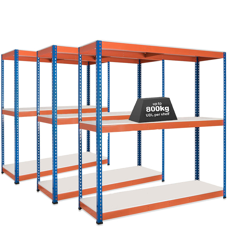 3x SX800 Industrial Shelving - 2440mm High - 800kg - Melamine - Blue & Orange