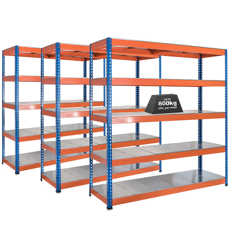 3x SX800 Industrial Shelving - 1980mm High - 800kg - Steel - Blue & Orange