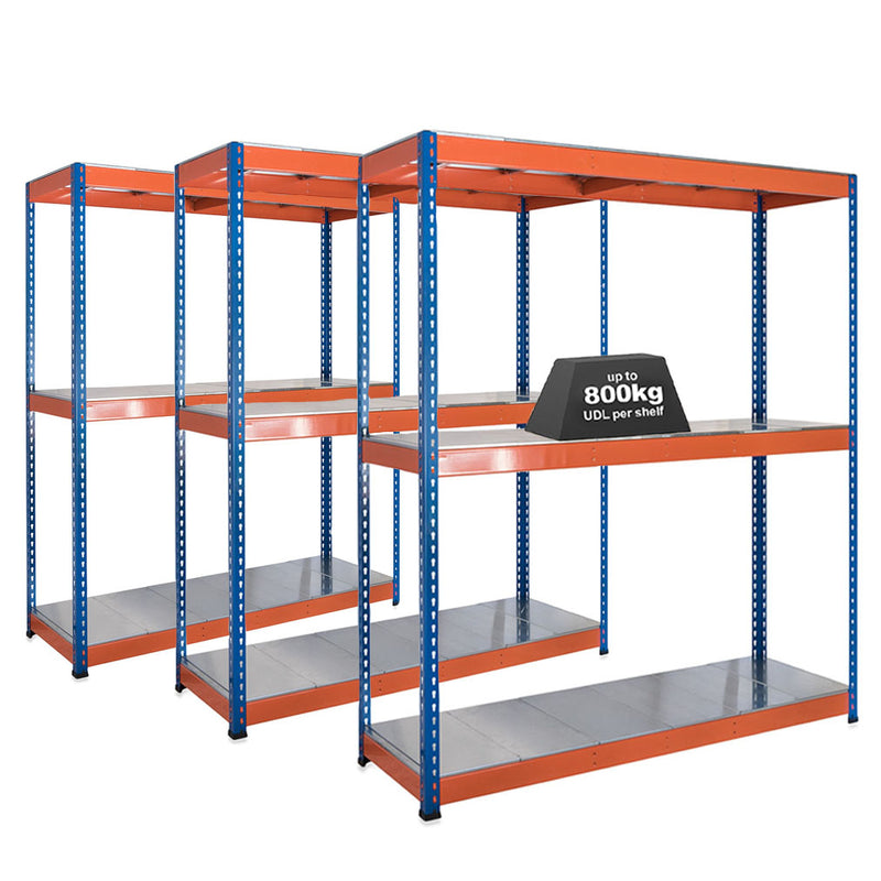 3x SX800 Industrial Shelving - 1980mm High - 800kg - Steel - Blue & Orange