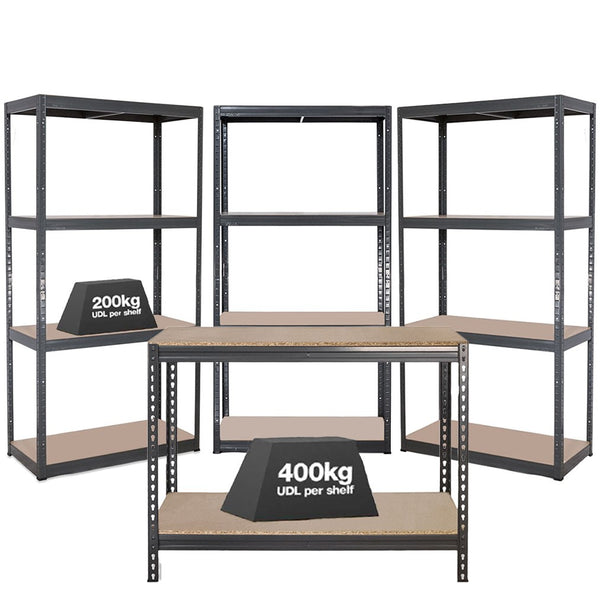 3x VRS Shelving Units - 1600mm High & 1x Workbench - 1200mm Wide - Grey