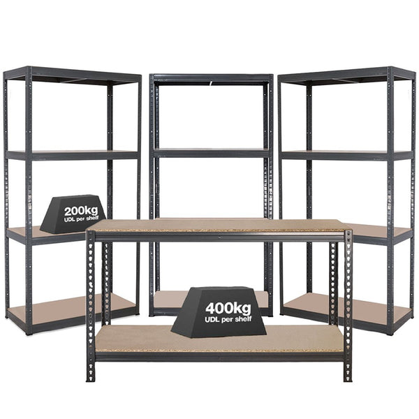 3x VRS Shelving Units - 1600mm High & 1x Workbench - 1600mm Wide - Grey