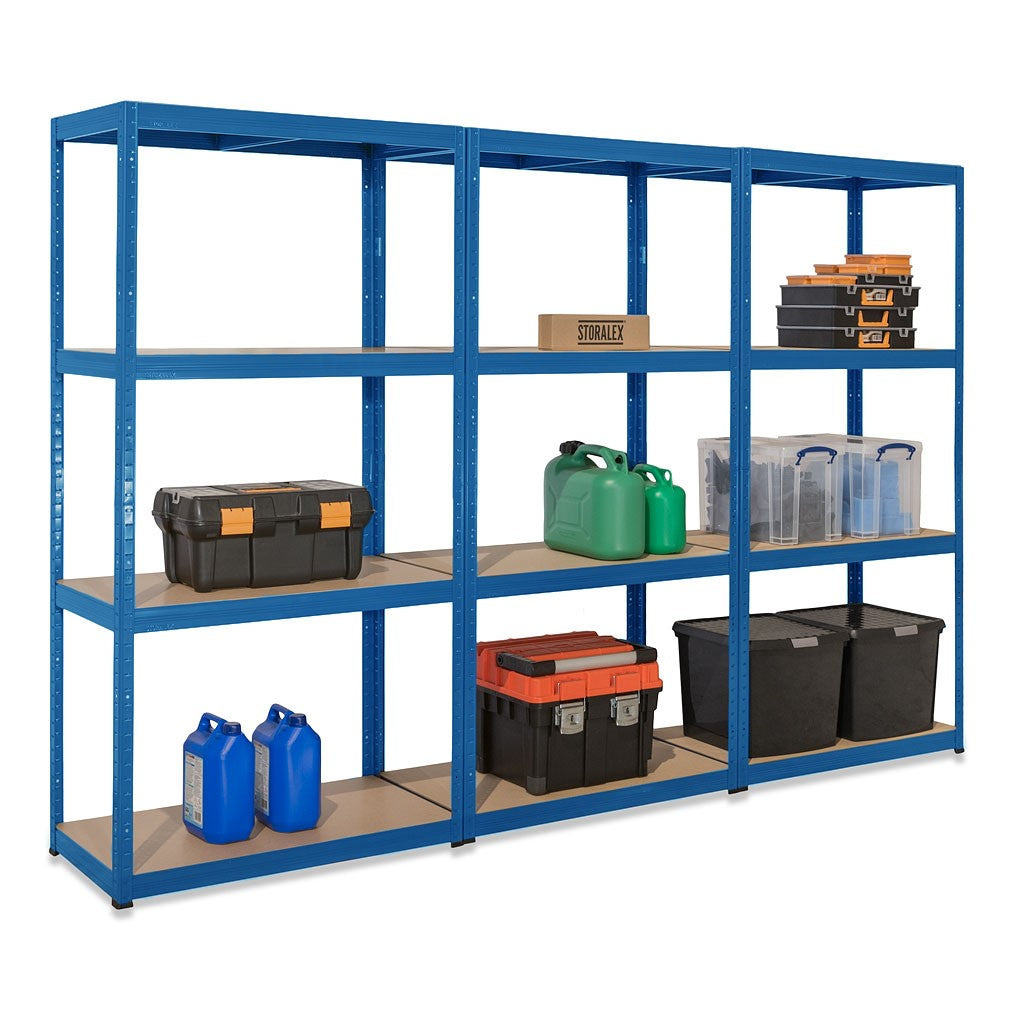 Box Racking Shelves 3x Storalex VRS Shelving Units 1600mm High Blue with 12x 33.5L Really ...