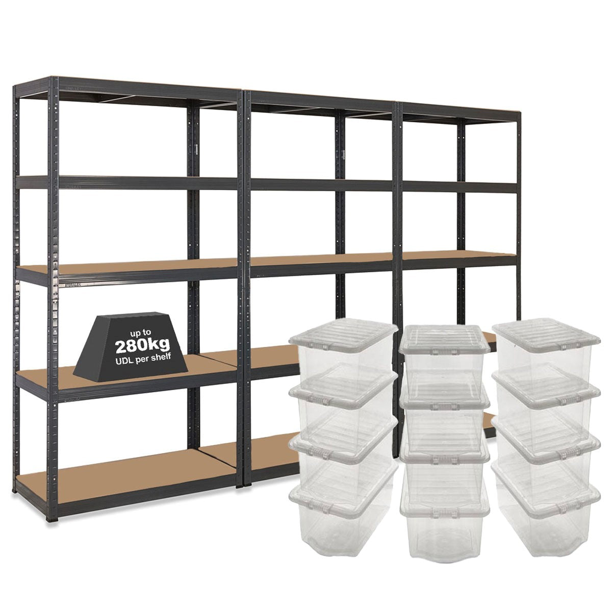 Work Coverall Box Storage Rack 3x Storalex VRS Shelving Unit 1800mm High Grey with 12x 60L Wham ...
