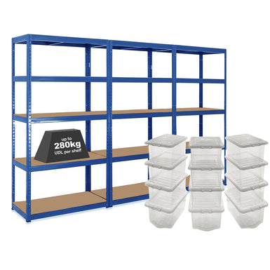 3x VRS Shelving Units - 2130mm High - Blue with 12x 60L Wham Plastic Storage Boxes