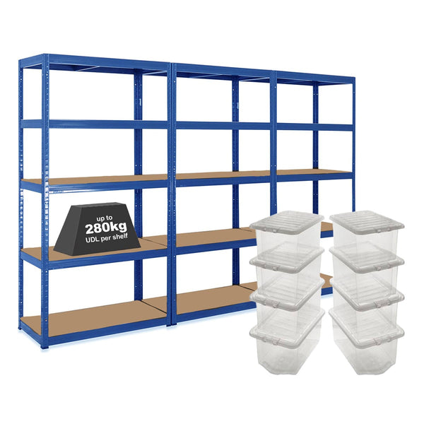 3x VRS Shelving Unit - 1800mm High - Blue with 8x 60L Wham Plastic Storage Boxes