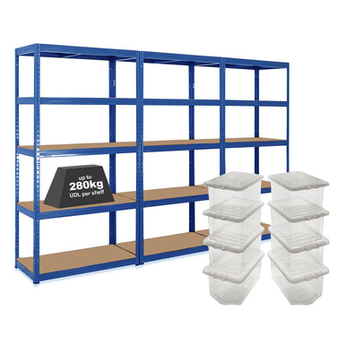 3x VRS Shelving Units - 2130mm High - Blue with 8x 60L Wham Plastic Storage Boxes