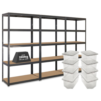 3x VRS Shelving Unit - 2130mm High - Grey with 8x 60L Wham Plastic Storage Boxes