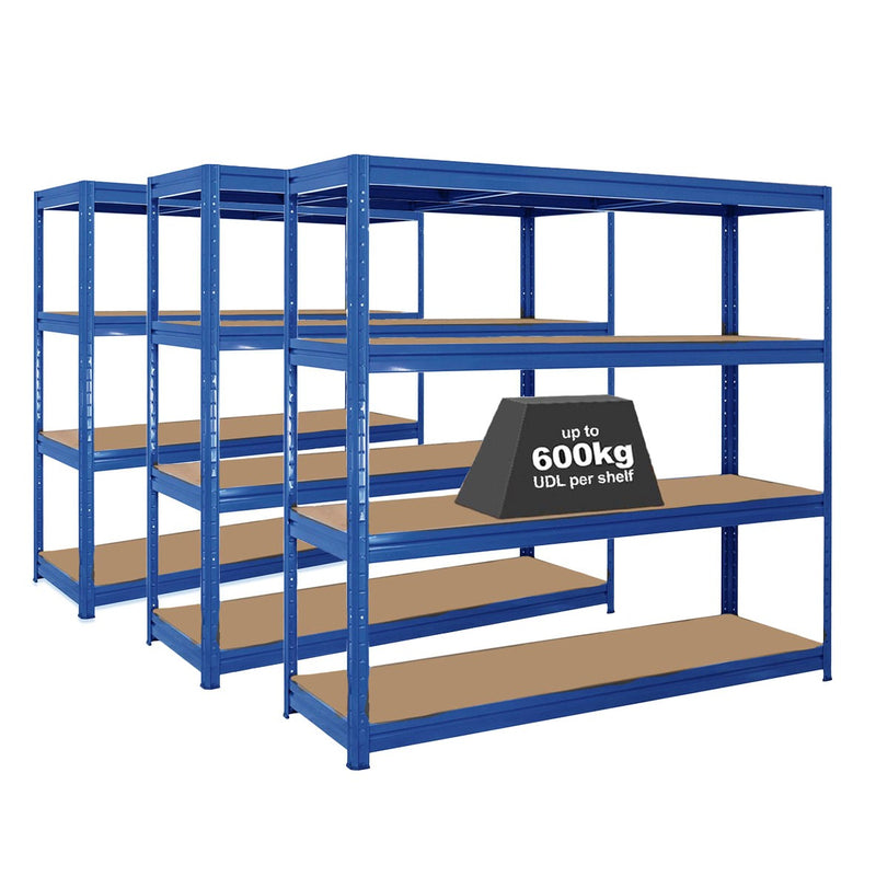 3x HRX Heavy Duty Shelving - 1770mm High - Blue with 12x 62L Wham DIY Plastic Storage Boxes