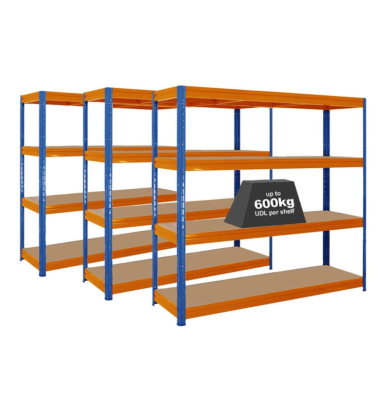 3x HRX Heavy Duty Shelving - 1770mm High - Blue & Orange with 12x 37L Wham DIY Plastic Storage Boxes