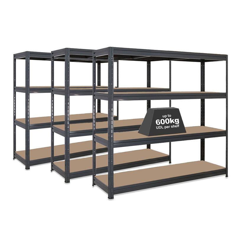 3x HRX Heavy Duty Shelving - 1770mm High - Grey with 12x 37L Wham DIY Plastic Storage Boxes
