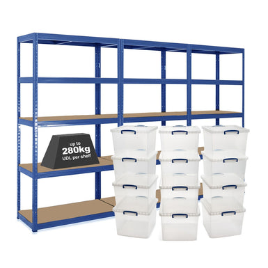3x VRS Shelving Units - 2130mm High - Blue with 12x 33.5L Really Useful Boxes