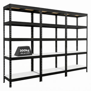 3x MSR Garage Shelving - 1800mm High - Up to 250kg - White Coated MDF Decks - Black