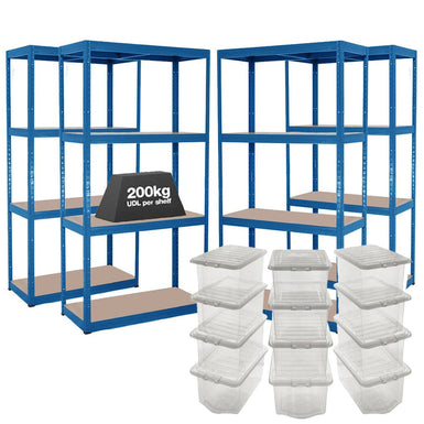 4x VRS Shelving Units - 1600mm High - Blue with 12x 60L Wham Plastic Storage Boxes