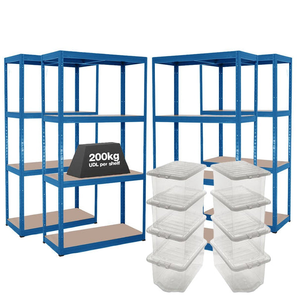 4x VRS Shelving Units - 1600mm High - Blue with 8x 60L Wham Plastic Storage Boxes
