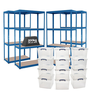 4x VRS Shelving Units - 1600mm High - Blue with 12x 33.5L Really Useful Boxes