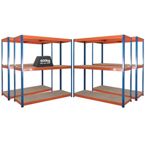 4x SX400 Industrial Shelving - 2440mm High - 400kg - Chipboard - Blue & Orange