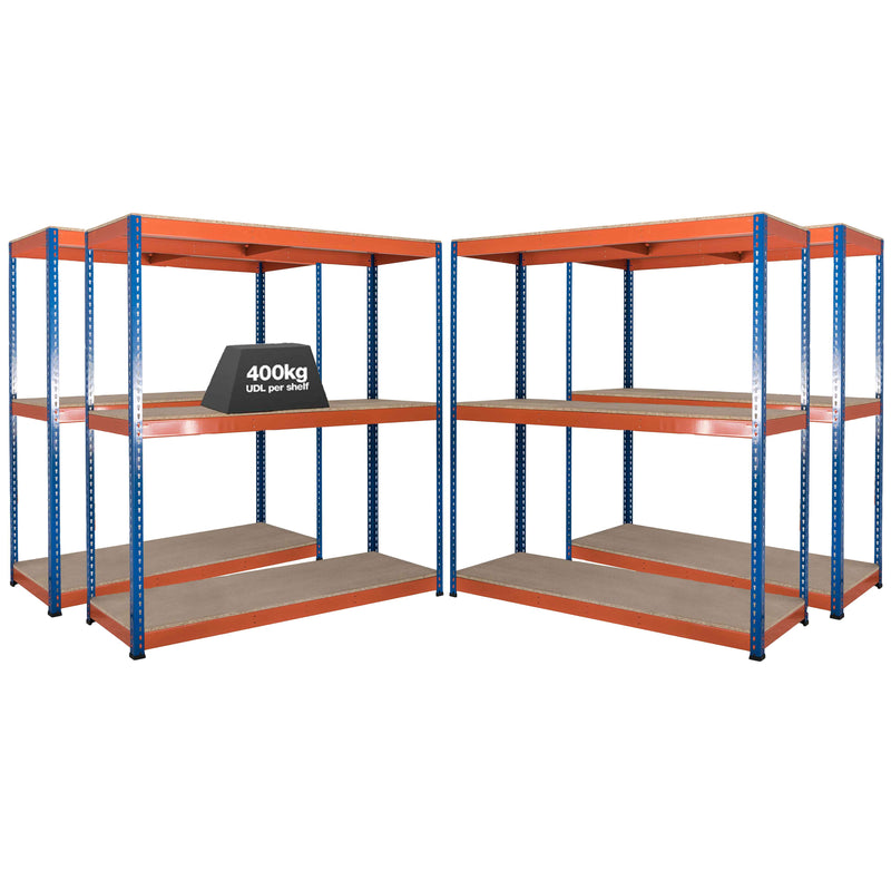 4x SX400 Industrial Shelving - 2440mm High - 400kg - Chipboard - Blue & Orange