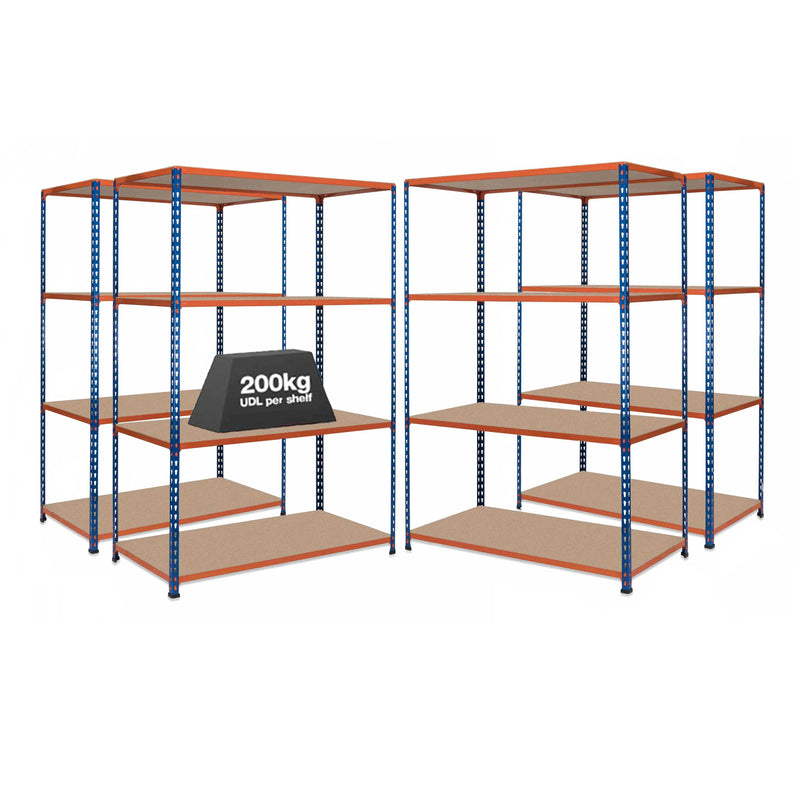 4x SX200 Industrial Shelving - 2440mm High - 200kg - Chipboard - Blue & Orange