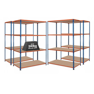 4x SX340 Industrial Shelving - 3050mm High - 340kg - Chipboard - Blue & Orange
