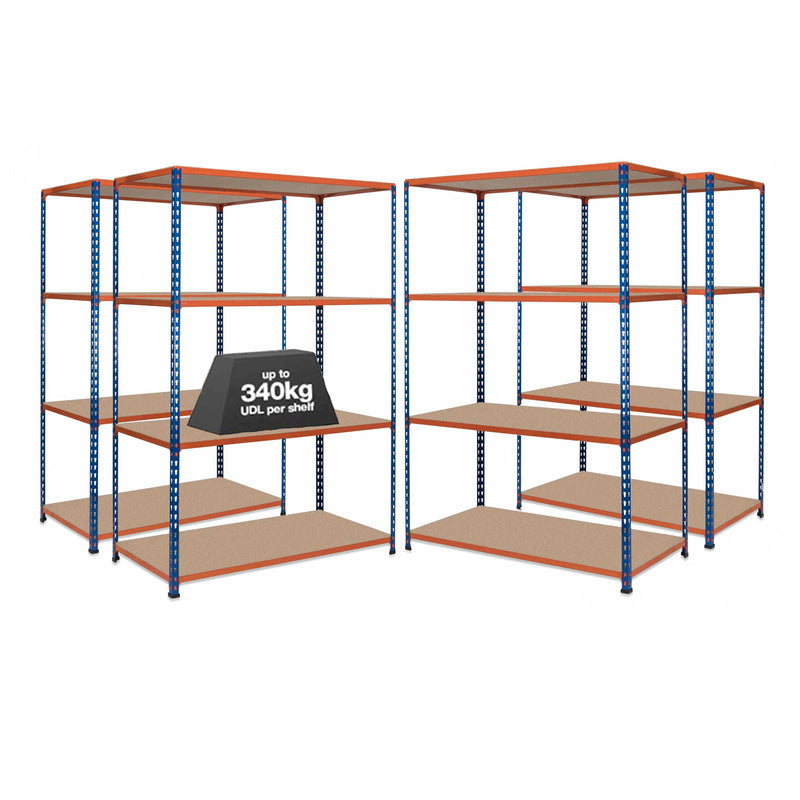 4x SX340 Industrial Shelving - 3050mm High - 340kg - Chipboard - Blue & Orange