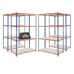 4x SX340 Industrial Shelving - 3050mm High - 340kg - Melamine - Blue & Orange