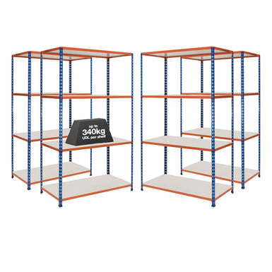 4x SX340 Industrial Shelving - 3050mm High - 340kg - Melamine - Blue & Orange