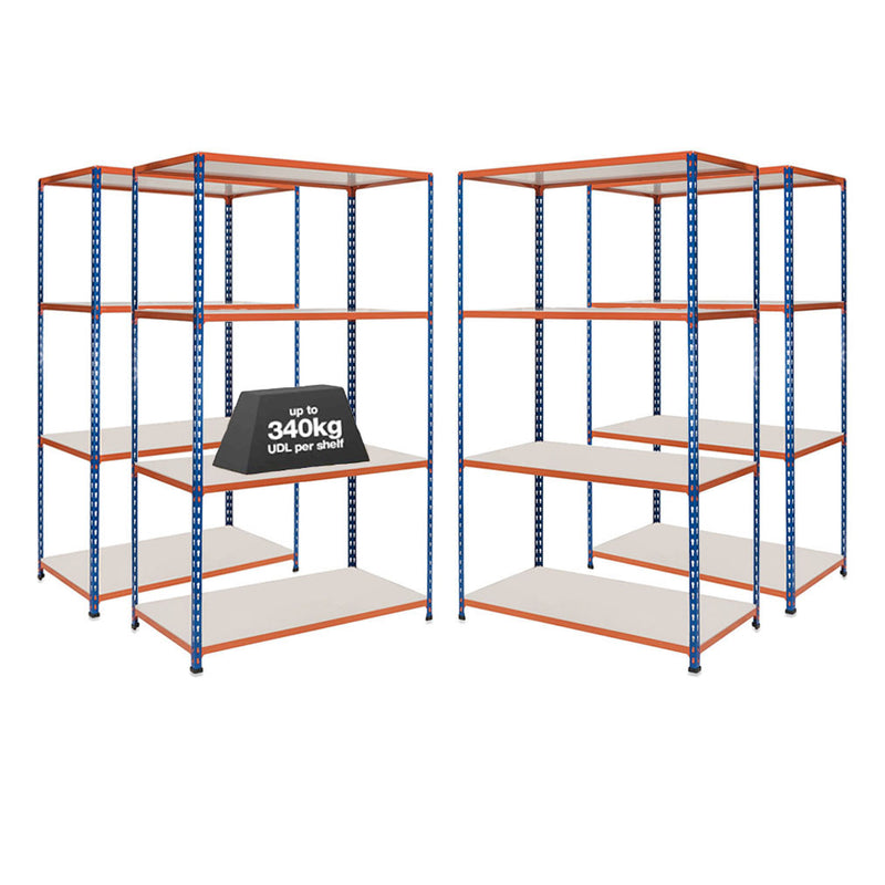 4x SX340 Industrial Shelving - 3050mm High - 340kg - Melamine - Blue & Orange