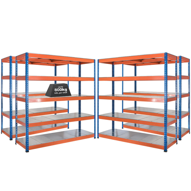 4x SX800 Industrial Shelving - 1980mm High - 800kg - Steel - Blue & Orange